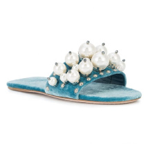 Women Light Blue Leather Velvet Faux Pearl Mules Crystal Flat Shoes Slides